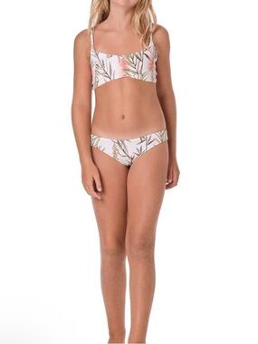 Submarine White Bikini Set with Pink Floral and Green Leaf Print